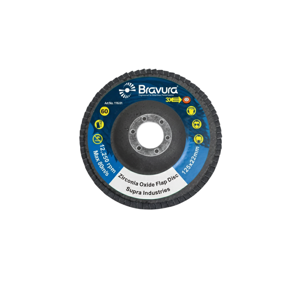 Product label for Bravura Zirconia Oxide Flap Disc, Art No. 116.01, Grit 60. Details include $125 \times 22 \text{mm}$ disc size, $12,250 \text{rpm}$ max speed, $3X$ Faster Removal feature, and symbols for required safety gear. From Supra Industries.
