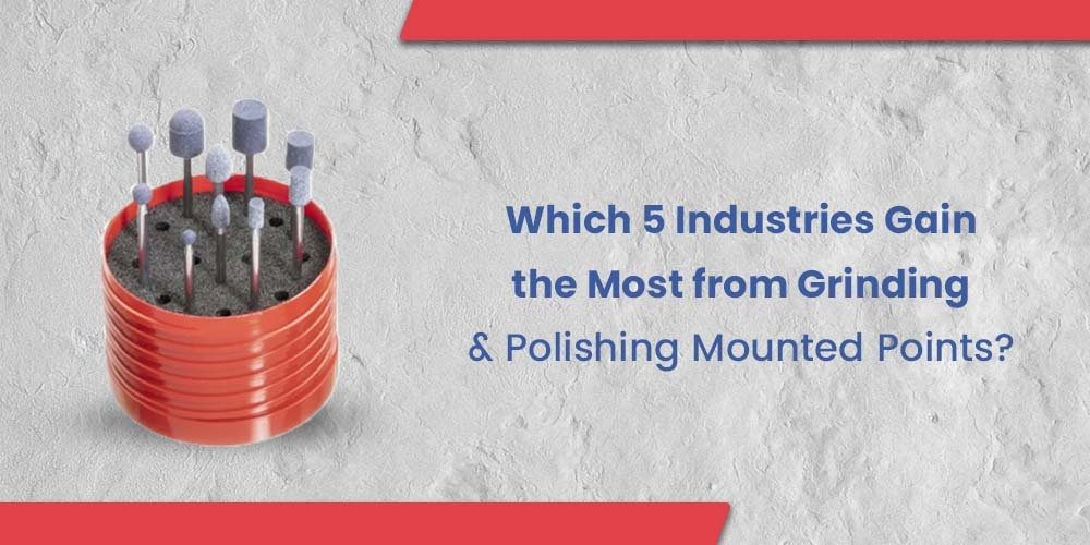 A set of grinding and polishing mounted points in a red holder, highlighting the product and its industrial uses.