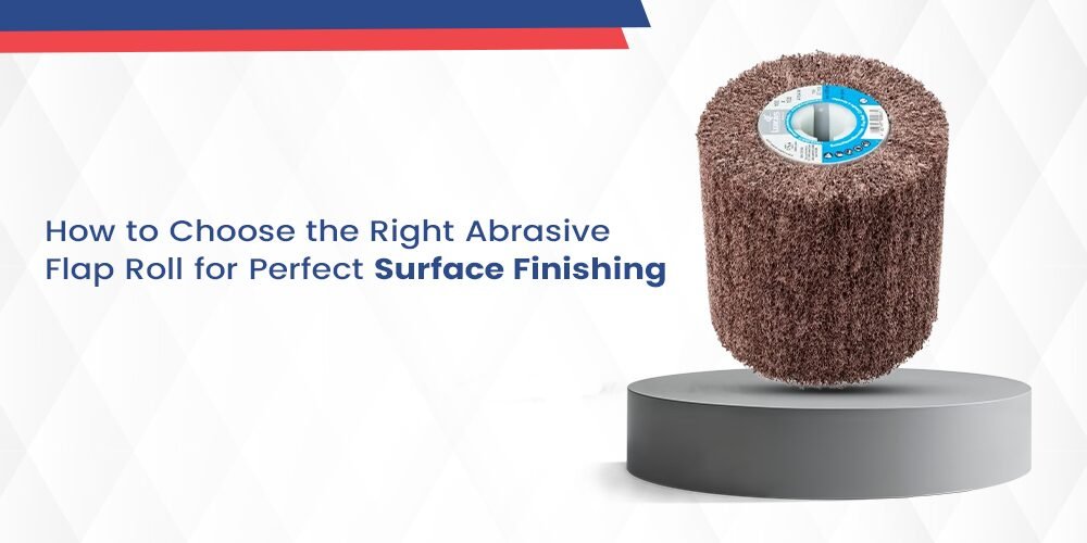 A studio image of a densely packed, cylindrical abrasive flap roll with brown/red abrasive material visible on the outer surface. The central hub contains product labeling information. The accompanying text asks: "How to Choose the Right Abrasive Flap Roll for Perfect Surface Finishing." This industrial tool is used for conditioning and polishing large surfaces on automated or handheld finishing equipment.