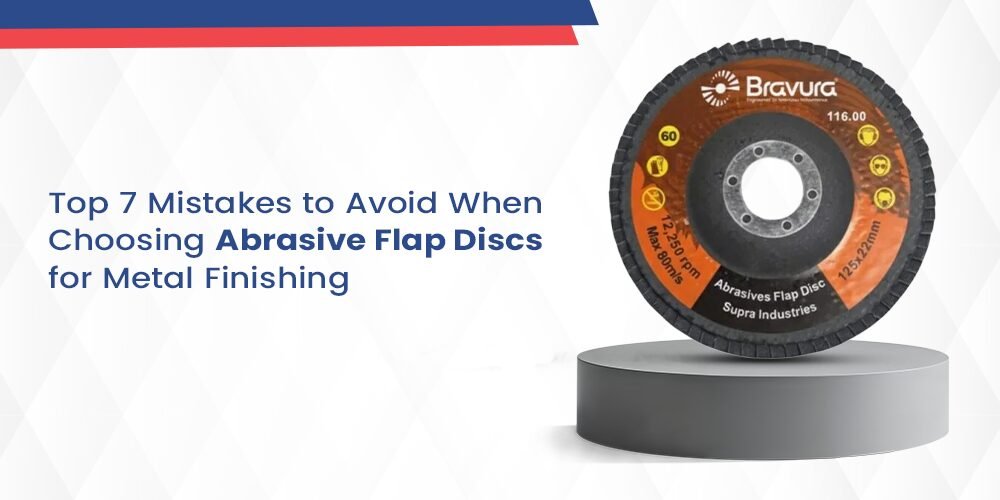 Close-up of a Bravura Abrasive Flap Disc with a 60-grit rating, showing technical specifications like 12,250 RPM Max and 125x22mm size, displayed on a small gray pedestal.