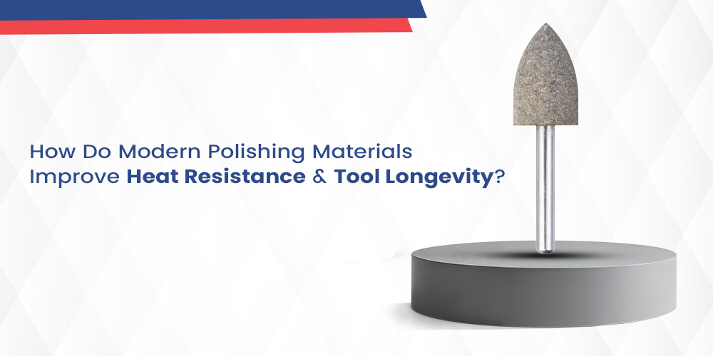 A close-up, studio image of a conical, gray abrasive sp arch pointed nose polishing point mounted on a silver mandrel, set against a subtle, geometric white background. The point is a standard shape for precision metal or surface finishing. The accompanying text asks: "How Do Modern Polishing Materials Improve Heat Resistance & Tool Longevity?" This product is designed for industrial applications requiring extended service life and thermal stability.