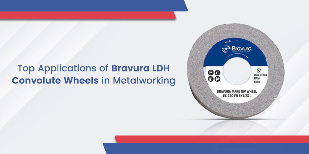 Gray Bravura non-woven convolute wheel with a black center hole, showing the product label, model LDH, and a maximum RPM of 6000. Used in metalworking for blending and deburring.