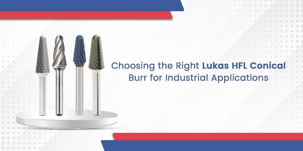 A line of four different Lukas HFL conical carbide rotary burrs on shanks, featuring various tooth cuts, displayed on a pedestal. Used for deburring and shaping metals.