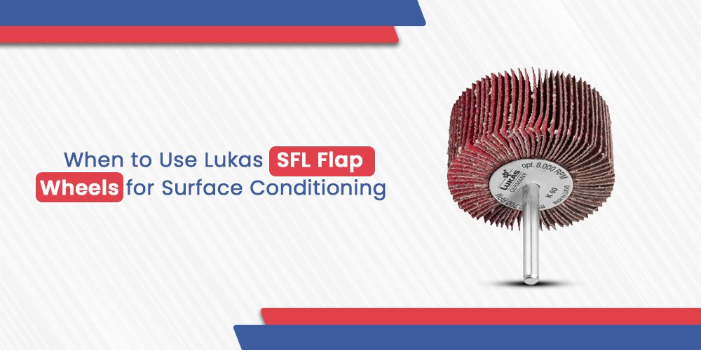 Close-up of a red Lukas SFL flap wheel on a shank, showing multiple abrasive flaps, with an optimal RPM of 8000. Used for aggressive surface conditioning and blending.