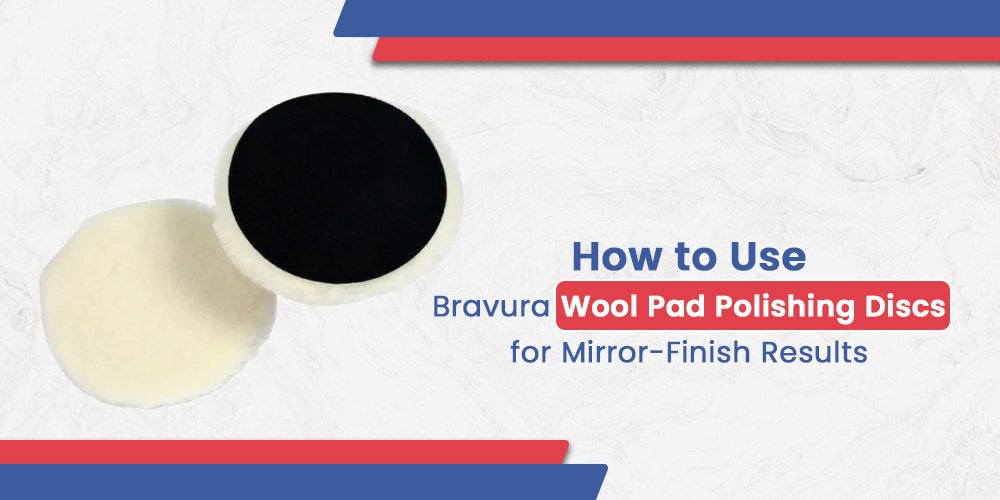 Two white Bravura wool polishing pads, one facing up to show the wool surface and one facing down to show the black backing. Used for achieving a high-gloss, mirror finish on surfaces.