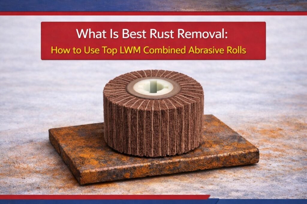 An LWM combined abrasive roll placed on a heavily oxidized metal block, demonstrating the application of industrial rust removal abrasives.