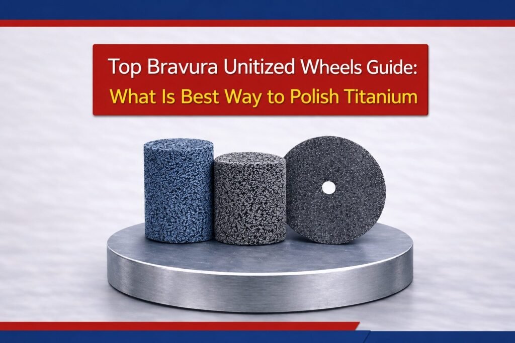 Three gray and blue Bravura unitized abrasive wheels and polishing cylinders resting on a circular metallic base with a red text banner that reads 'Top Bravura Unitized Wheels Guide: What Is Best Way to Polish Titanium'.