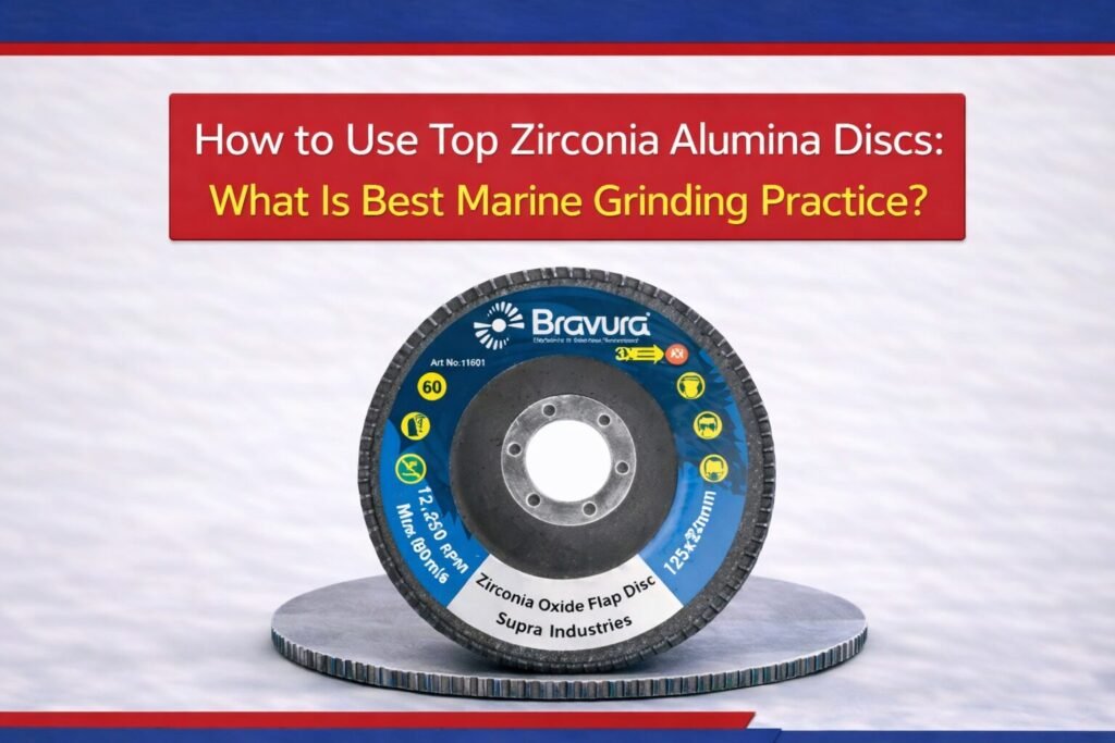 A Bravura brand Zirconia Oxide Flap Disc with a blue and white label displaying safety symbols and specifications, standing vertically on a metal disc under a red banner reading 'How to Use Top Zirconia Alumina Discs: What Is Best Marine Grinding Practice?'.