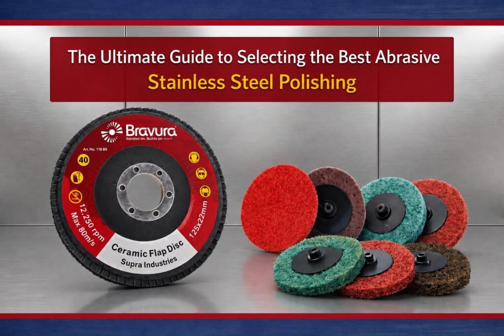Bravura Ceramic Flap Disc by Supra Industries displayed alongside multi-colored non-woven surface conditioning wheels on a clean, brushed stainless steel background.