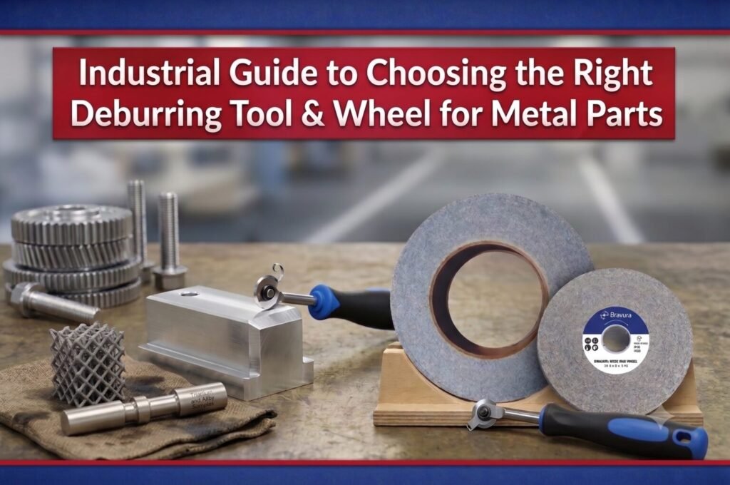 Industrial guide banner showing Bravura deburring wheels, hand deburring tools, and precision metal parts arranged on a workbench.