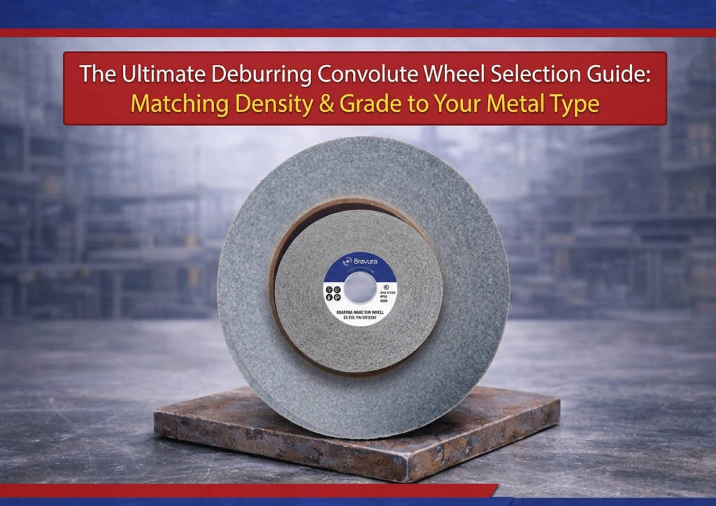 Non-woven abrasive convolute deburring wheel with center arbor hole for industrial metal finishing and edge blending.