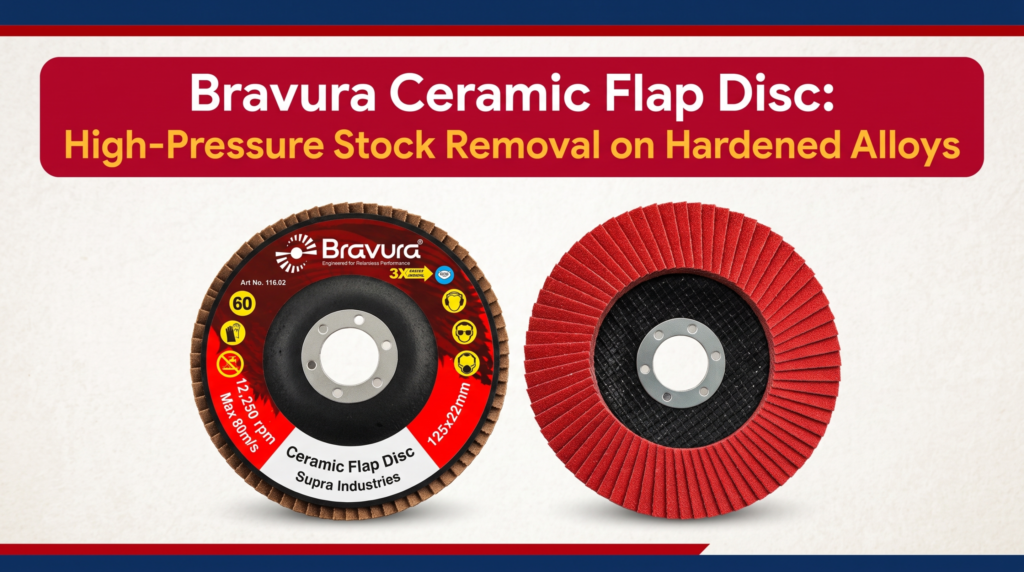 Bravura Ceramic Flap Disc by Supra Industries displayed in front and back profile views with 125x22mm specification, featuring high-pressure red microcrystalline abrasive flaps on a reinforced backing.