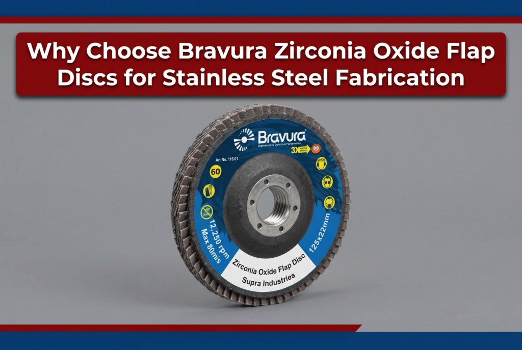 An angled studio shot of a Bravura Zirconia Oxide Flap Disc centered on a gray background under a red and blue banner reading "Why Choose Bravura Zirconia Oxide Flap Discs for Stainless Steel Fabrication".
