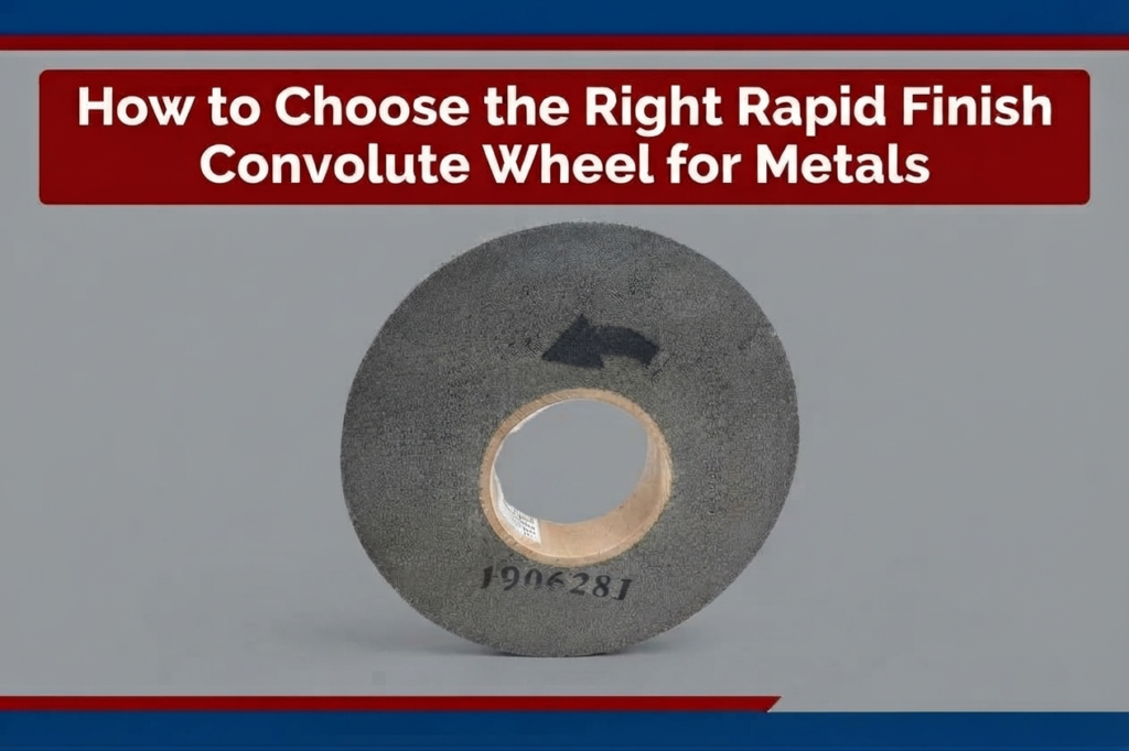 High-density rapid finish convolute wheel mounted on an industrial bench motor arbor for deburring and blending metal workpieces.